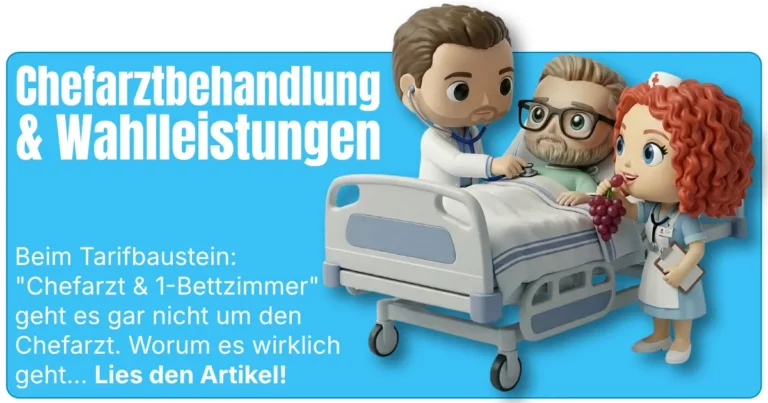 Titelgrafik „Chefarztbehandlung & Wahlleistungen“ zeigt einen Comic-Patienten im Klinikbett, umgeben von Arzt und Krankenschwester, dazu ein Teasertext, der erklärt, dass es beim PKV-Tarifbaustein „Chefarzt & 1-Bettzimmer“ um mehr geht als nur den Chefarzt.