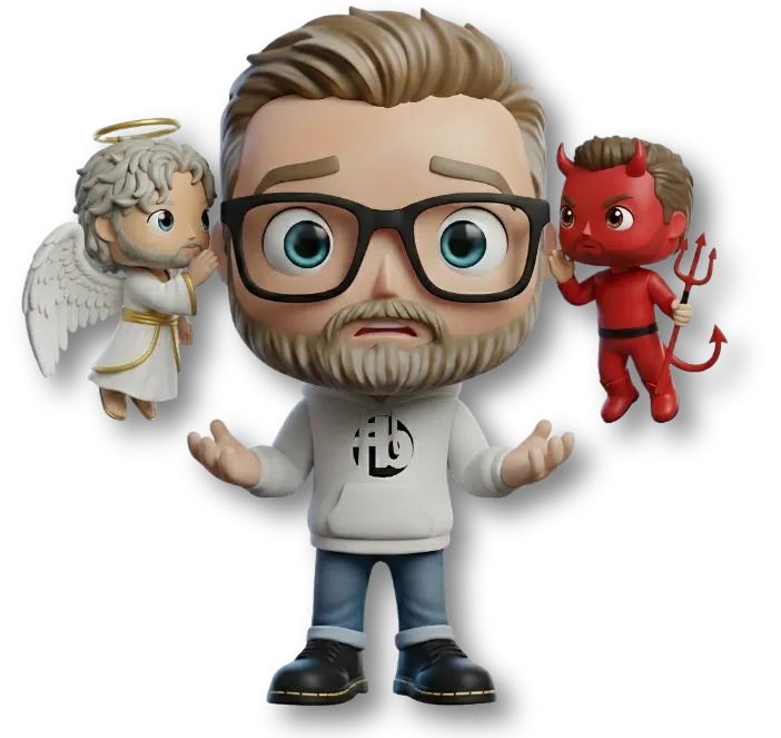 Sven von fairbeamtet.de als 3D-Maskottchen mit Brille und Bart steht mit offenen Händen und besorgtem Blick. Links schwebt ein Engel mit Heiligenschein, rechts ein roter Teufel mit Dreizack – Symbol für innere Zweifel und Unsicherheit.
