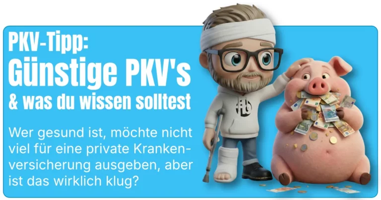 PKV-Tipp: „Günstige PKV’s – was du wissen solltest“ Maskottchen von Sven Höhne von fairbeamtet.de - Bärtiger Mann mit Brille, Verband am Kopf, Krücke und Fußgips), streichelt ein pralles Sparschwein, das gierig Euro Scheine und Münzen frisst. Symbol für die Frage, ob eine anfänglich günstige PKV dauerhaft günstig bleibt und wie es mit den vielen versteckten Leistungskürzungen aussieht. Ist günstig wirklich gut, oder kann günstig später evtl. sogar richtig teuer werden?