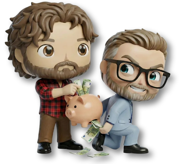 Freigestellte Maskottchen im Funko Pop Stil von fairbeamtet.de. Links steht ein bärtiger Mann mit lockigen Haaren im roten Holzfällerhemd (Symbolbild für einen Beamten) und steckt Euro-Scheine in ein rosa Sparschwein. Rechts hockt ein Versicherungsvertreter (Symbolbild für eine Versicherung) Mann mit Brille und Bart im Anzug, grinst und zieht unten heimlich Geldscheine aus dem Sparschwein heraus; mehrere Scheine liegen bereits auf dem Boden. Das Motiv symbolisiert die Reduzierung der Beitragsrückerstattung (BRE) der Debeka Private Krankenversicherung a.G.