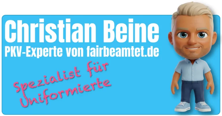 Beitragsbild mit hellblauem Hintergrund. Links der Text: „Christian Beine – PKV-Experte von fairbeamtet.de" und „Spezialist für Uniformierte". Rechts eine 3D-Cartoon-Figur von Christian Beine im hellblauen Hemd und dunkler Hose.