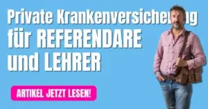 Mann mit Umhängetasche neben Schriftzug ‚Private Krankenversicherung für Referendare und Lehrer‘ – Artikel zu PKV für Lehrer – Beihilfe & Kosten im Überblick