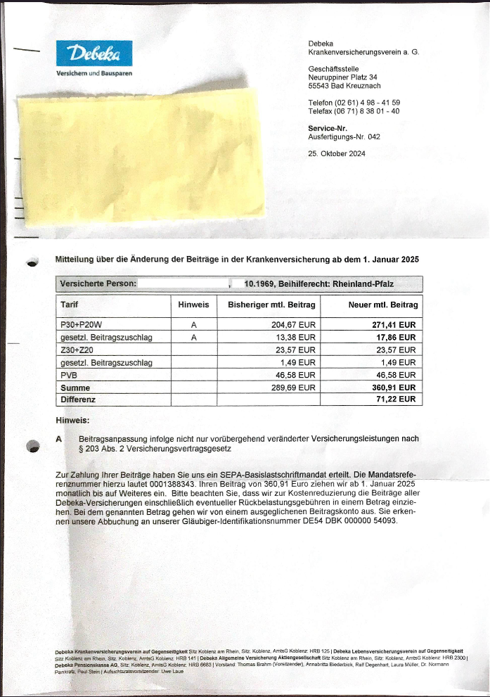 Debeka Beitragsanpassung 2025 in den P und Z-Tarifen
