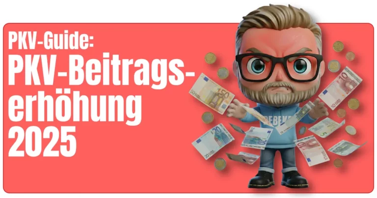 Rotes Beitragsbild mit großer weißer Überschrift ‚PKV-Guide: PKV-Beitragserhöhung 2025‘; rechts steht das Maskottchen von fairbeamtet.de, umgeben von fallenden Euro-Scheinen und -Münzen – Symbolbild für steigende Beiträge in der privaten Krankenversicherung im Jahr 2025.