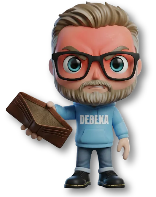 Cartoon-Maskottchen „Sven Höhne von fairbeamtet.de“ mit Brille und Bart vor dunklem Hintergrund: rotes, wütendes Gesicht, blauer Debeka-Hoodie, hält eine aufgeklappte Geldbörse – Symbolbild für Debeka Beitragserhöhung/Beitragsanpassung in der privaten Krankenversicherung (PKV).