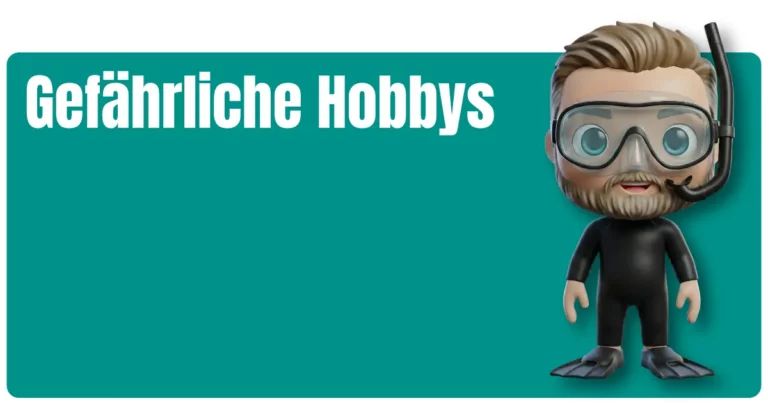 Grünes Beitragsbild mit der Überschrift "Gefährliche Hobbys"; rechts Sven von fairbeamtet.de - dargestellt als Funko Pop ähnliches Maskottchen - als Taucher mit Maske, Schnorchel, Neoprenanzug und Flossen (BU/DU-Thema). Der Taucheranzug ist ein Symbolbild für ein gefährliches Hobby nach der Definition der meisten BU/DU Anbieter.
