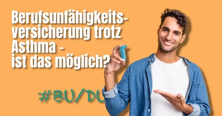 BU trotz Asthma – junger Mann mit Inhalator vor orangem Hintergrund stellt die Frage „Berufsunfähigkeitsversicherung trotz Asthma – ist das möglich?“ und verweist auf BU/DU Optionen für Menschen mit Atemwegserkrankung.