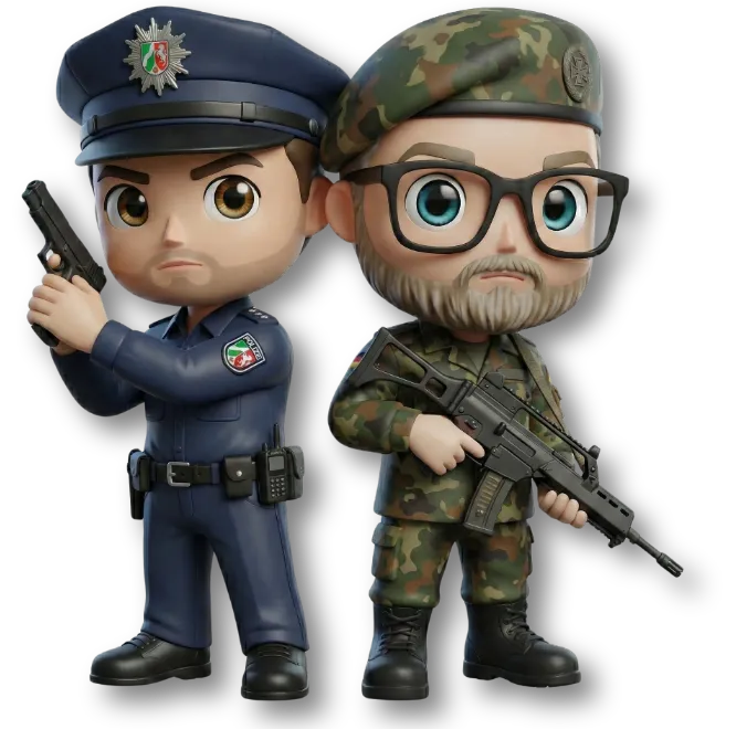 Micha als Polizist und Sven als Soldat verkleidetete Figuren - Funko-Pop ähnliche Maskottchen von fairbeamtet.de. Symbolbild für den Artikel: "BU/DU Sonderklauseln für uniformierte Berufsgruppen (Polizisten, JVA-Beamte und Soldaten). Zu sehen sind ein Polizist in dunkler Uniform mit Mütze und Abzeichen steht neben einem Soldaten in Tarnuniform und Barett; beide blicken ernst, stehen Rücken an Rücken und halten jeweils eine Waffe. Symbol für (Polizei / Bundeswehr / JVA).