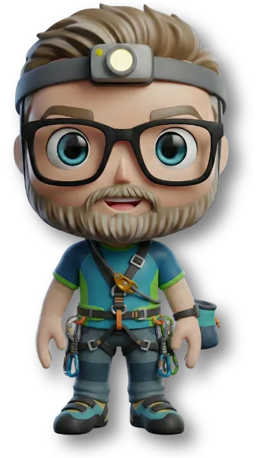 Sven von fairbeamtet.de (als Funko Pop ähnliches Maskottchen dargestellt) im Bergsteiger- oder Kletterlook: große Brille, Stirnlampe am Kopfband, Klettergurt mit Karabinern und Ausrüstung am Körper.