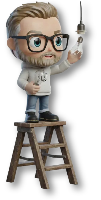 Sven-Maskottchen von fairbeamtet.de steht auf einer Leiter und wechselt eine Glühbirne.