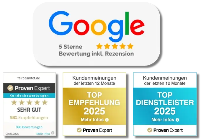 Das Bild zeigt 4 Auszeichnungen. 1. Google Bewertungen mit 5 Sternen inklusive Resensionen. 2. Proven Expert: 5 Sterne mit der Schulnote "Sehr gut", 98 % Empfehlungen und 996 Bewertungen (Stand: 19.05.2025), sowie die Auszeichnungen "Top Empfehlung 2025" und "Top Dienstleister 2025" ausgezeichnet von Proven Expert.