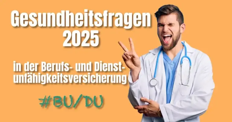 BU/DU Gesundheitsfragen 2025 – Arzt mit Peace-Zeichen vor orangem Hintergrund; Text: ‚Gesundheitsfragen 2025 in der Berufs- und Dienstunfähigkeitsversicherung‘