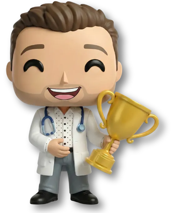 Micha von fairbeamtet.de – dargestellt als Funko Pop ähnliche Figur mit braunen Haaren und lächelndem Gesicht, trägt einen weißen Arztkittel mit Stethoskop und hält einen goldenen Pokal in der Hand.