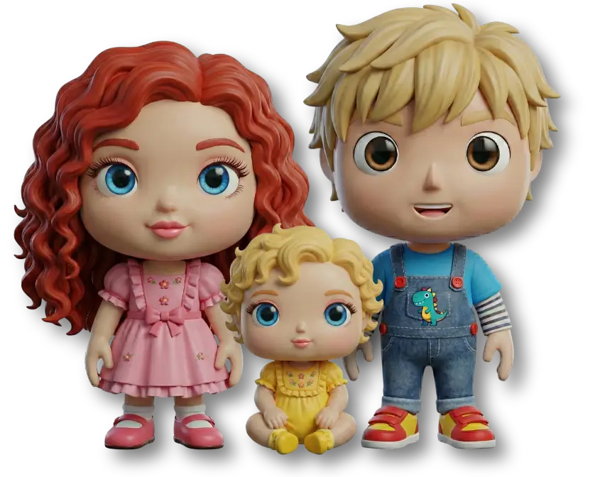 Freigestellte 3D-Kinderfiguren: ein kleiner Junge, seine kleine Schwester und ein Neugeborenes/Baby (sitzend) zwischen ihnen.
