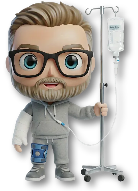 Freigestellte 3D-Figur (Sven von fairbeamtet.de als Maskottchen dargestellt) mit Brille und Bart neben einem Infusionsständer mit Infusionsbeutel; ein Arm ist eingegipst, am Bein trägt die Figur eine Knie-Orthese.
