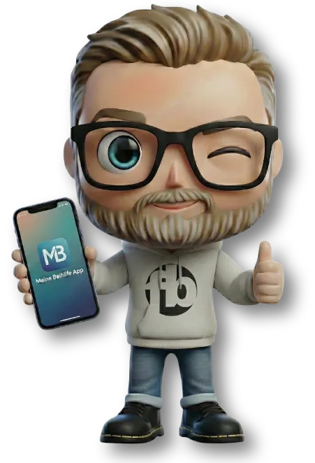 Sven als Maskottchen von fairbeamtet.de dargestellt mit blondem Haar, Sonnenbrille und Kapuzenpullover mit fairbeamtet.de-Logo hält ein Smartphone mit dem Screen ‚MB – Meine Beihilfe App‘ in der Hand und zeigt mit der anderen Hand den Daumen hoch als Symbol für die praktische Beihilfe-App für Beamte und Beihilfeberechtigte.