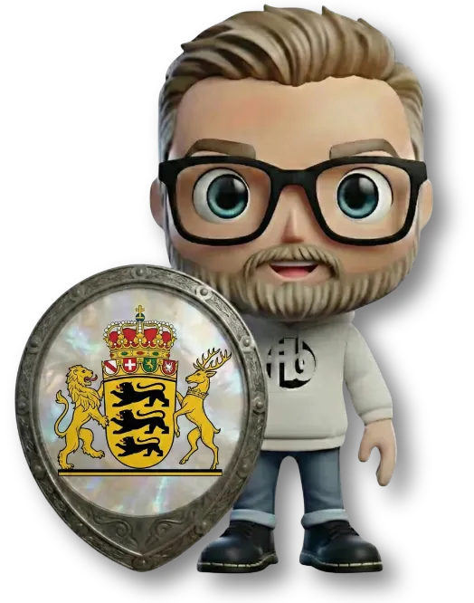 Maskottchen von fairbeamtet.de im Hoodie und Jeans steht neben einem runden Wappenschild mit Wappen des Landes Baden-Württemberg (BW) – Symbolbild für Beihilfe Baden-Württemberg (BW).