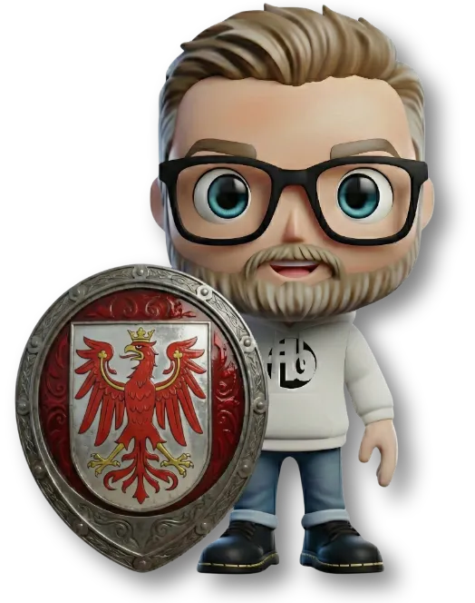 Maskottchen von fairbeamtet.de im Hoodie und Jeans steht neben einem runden Wappenschild mit Wappen des Landes Brandenburg – Symbolbild für Beihilfe Brandenburg.
