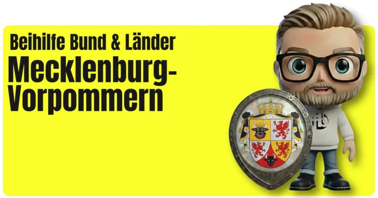 Gelbes Beitragsbild zum Artikel „Beihilfe Mecklenburg-Vorpommern (MV)“ mit großer schwarzer Überschrift. Rechts steht das Maskottchen von fairbeamtet.de im Hoodie und Jeans neben einem runden Wappenschild mit Landeswappen von Mecklenburg-Vorpommern (MV) – Symbolbild für Beihilfe Mecklenburg-Vorpommern (MV).