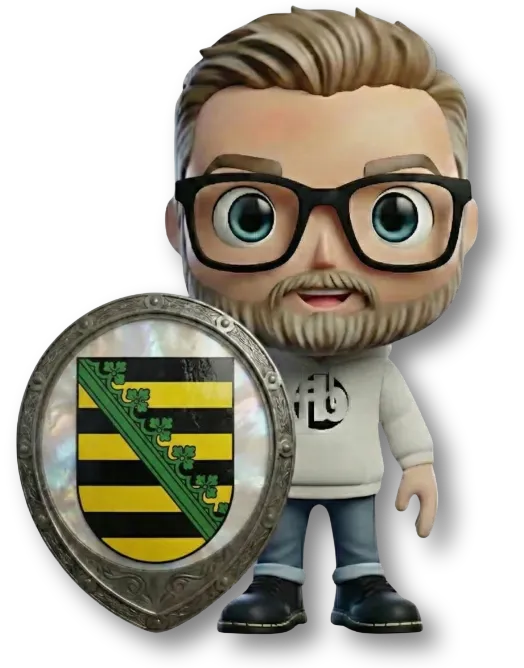 Maskottchen von fairbeamtet.de im Hoodie und Jeans steht neben einem runden Wappenschild mit Wappen des Landes Sachsen – Symbolbild für Beihilfe Sachsen.