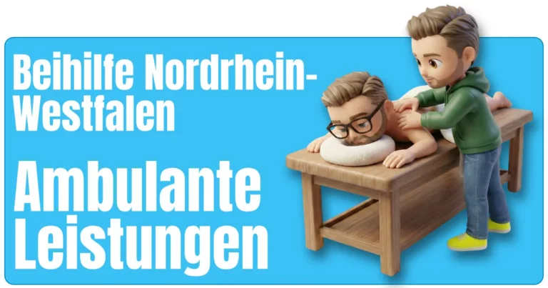2 Maskottchen von fairbeamtet.de. Ein Maskottchen liegt entspannt auf einer hölzernen Behandlungsliege, in Bauchlage auf einem Kopfkissen, die zweite Person in Jeans, grüner Kapuzenjacke und gelben Schuhen massiert den Rücken als Symbol für ambulante Beihilfe Nordrhein-Westfalen.