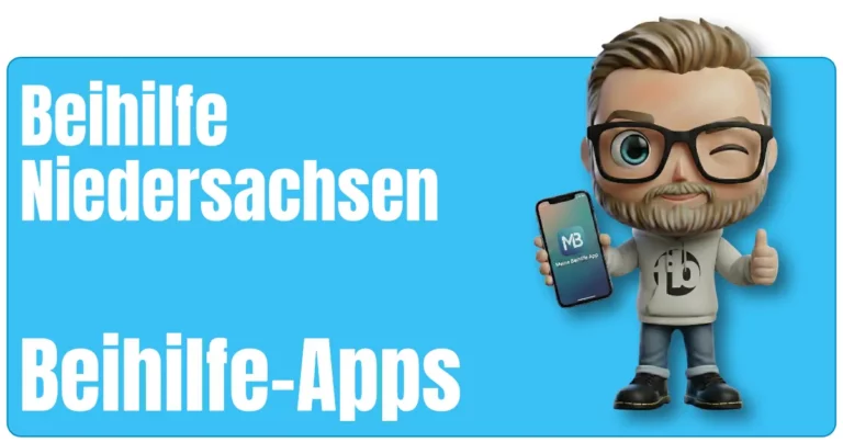 Sven als Maskottchen von fairbeamtet.de dargestellt mit blondem Haar, Sonnenbrille und Kapuzenpullover mit fairbeamtet.de-Logo hält ein Smartphone mit dem Screen ‚MB – Meine Beihilfe App‘ in der Hand und zeigt mit der anderen Hand den Daumen hoch als Symbol für die praktische Beihilfe-App Beihilfe Niedersachsen.
