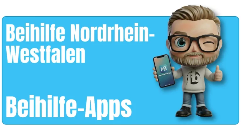 Sven als Maskottchen von fairbeamtet.de dargestellt mit blondem Haar, Sonnenbrille und Kapuzenpullover mit fairbeamtet.de-Logo hält ein Smartphone mit dem Screen ‚MB – Meine Beihilfe App‘ in der Hand und zeigt mit der anderen Hand den Daumen hoch als Symbol für die praktische Beihilfe-App Beihilfe Nordrhein-Westfalen.