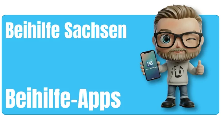 Sven als Maskottchen von fairbeamtet.de dargestellt mit blondem Haar, Sonnenbrille und Kapuzenpullover mit fairbeamtet.de-Logo hält ein Smartphone mit dem Screen ‚MB – Meine Beihilfe App‘ in der Hand und zeigt mit der anderen Hand den Daumen hoch als Symbol für die praktische Beihilfe-App Beihilfe Sachsen.