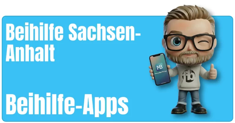 Sven als Maskottchen von fairbeamtet.de dargestellt mit blondem Haar, Sonnenbrille und Kapuzenpullover mit fairbeamtet.de-Logo hält ein Smartphone mit dem Screen ‚MB – Meine Beihilfe App‘ in der Hand und zeigt mit der anderen Hand den Daumen hoch als Symbol für die praktische Beihilfe-App Beihilfe Sachsen-Anhalt.