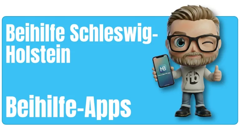 Sven als Maskottchen von fairbeamtet.de dargestellt mit blondem Haar, Sonnenbrille und Kapuzenpullover mit fairbeamtet.de-Logo hält ein Smartphone mit dem Screen ‚MB – Meine Beihilfe App‘ in der Hand und zeigt mit der anderen Hand den Daumen hoch als Symbol für die praktische Beihilfe-App Beihilfe Schleswig-Holstein.