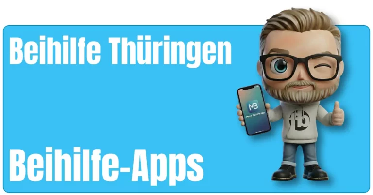 Sven als Maskottchen von fairbeamtet.de dargestellt mit blondem Haar, Sonnenbrille und Kapuzenpullover mit fairbeamtet.de-Logo hält ein Smartphone mit dem Screen ‚MB – Meine Beihilfe App‘ in der Hand und zeigt mit der anderen Hand den Daumen hoch als Symbol für die praktische Beihilfe-App Beihilfe Thüringen.
