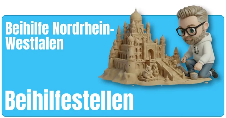Maskottchen von fairbeamtet.de kniet in Hoodie und Jeans neben einem großen, detailreichen Sandburg‑Schloss mit Türmen, Kuppeln, einer großen Treppe und Löwenfiguren und formt es mit Maurerkelle und Eimer – symbolische Darstellung für den aufwendig aufgebauten Überblick zu Beihilfestellen Beihilfe Nordrhein-Westfalen.