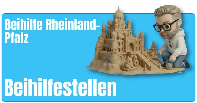 Maskottchen von fairbeamtet.de kniet in Hoodie und Jeans neben einem großen, detailreichen Sandburg‑Schloss mit Türmen, Kuppeln, einer großen Treppe und Löwenfiguren und formt es mit Maurerkelle und Eimer – symbolische Darstellung für den aufwendig aufgebauten Überblick zu Beihilfestellen Beihilfe Rheinland-Pfalz.