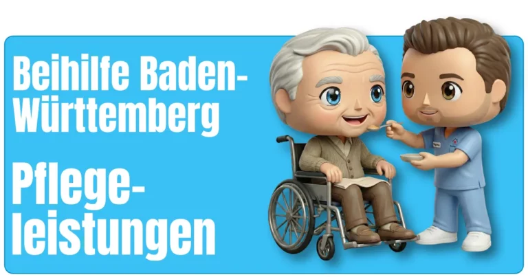 Maskottchen von fairbeamtet.de in hellblauer Pflegekleidung mit Namensschild füttert eine ältere Person im Rollstuhl, die eine braune Hose und Strickjacke trägt – illustrative Darstellung für die Pflegeleistungen Beihilfe Baden-Württemberg.