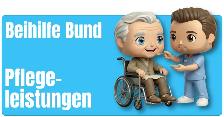 Maskottchen von fairbeamtet.de in hellblauer Pflegekleidung mit Namensschild füttert eine ältere Person im Rollstuhl, die eine braune Hose und Strickjacke trägt – illustrative Darstellung für die Pflegeleistungen Beihilfe Bund.