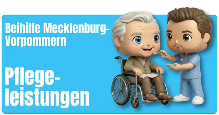 Maskottchen von fairbeamtet.de in hellblauer Pflegekleidung mit Namensschild füttert eine ältere Person im Rollstuhl, die eine braune Hose und Strickjacke trägt – illustrative Darstellung für die Pflegeleistungen Beihilfe Mecklenburg-Vorpommern.