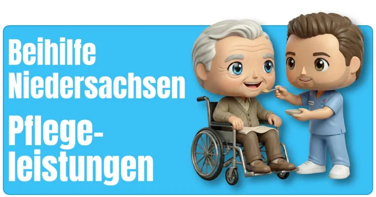 Maskottchen von fairbeamtet.de in hellblauer Pflegekleidung mit Namensschild füttert eine ältere Person im Rollstuhl, die eine braune Hose und Strickjacke trägt – illustrative Darstellung für die Pflegeleistungen Beihilfe Niedersachsen.