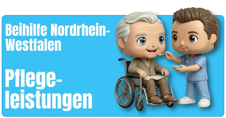 Maskottchen von fairbeamtet.de in hellblauer Pflegekleidung mit Namensschild füttert eine ältere Person im Rollstuhl, die eine braune Hose und Strickjacke trägt – illustrative Darstellung für die Pflegeleistungen Beihilfe Nordrhein-Westfalen.