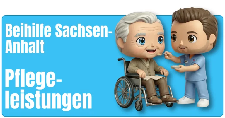 Maskottchen von fairbeamtet.de in hellblauer Pflegekleidung mit Namensschild füttert eine ältere Person im Rollstuhl, die eine braune Hose und Strickjacke trägt – illustrative Darstellung für die Pflegeleistungen Beihilfe Sachsen-Anhalt.