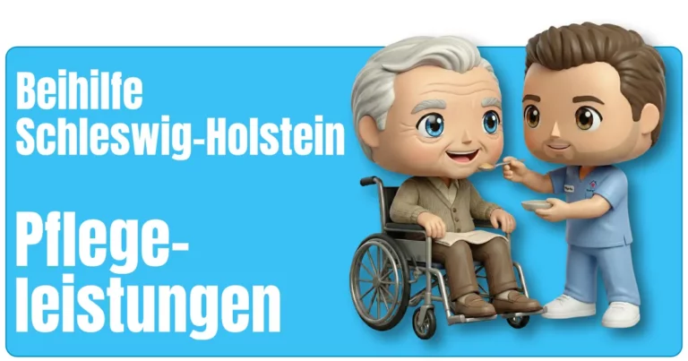 Maskottchen von fairbeamtet.de in hellblauer Pflegekleidung mit Namensschild füttert eine ältere Person im Rollstuhl, die eine braune Hose und Strickjacke trägt – illustrative Darstellung für die Pflegeleistungen Beihilfe Schleswig-Holstein.