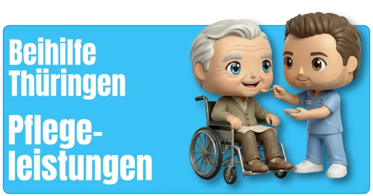 Maskottchen von fairbeamtet.de in hellblauer Pflegekleidung mit Namensschild füttert eine ältere Person im Rollstuhl, die eine braune Hose und Strickjacke trägt – illustrative Darstellung für die Pflegeleistungen Beihilfe Thüringen.