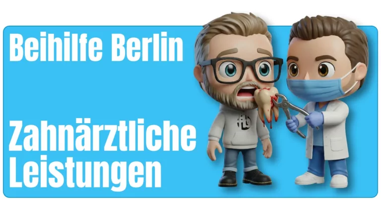 Das Maskottchen von Sven im Hoodie und Jeans, steht dem Maskottchen von Micha von fairbeamtet.de als Zahnarzt im weißen Kittel, Maske und blauen Handschuhen gegenüber, der mit einer Zange einen blutigen Zahn hält – humorvolle Illustration für zahnärztliche Leistungen der Beihilfe Berlin.