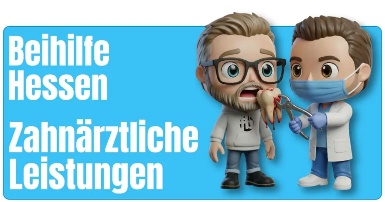 Das Maskottchen von Sven im Hoodie und Jeans, steht dem Maskottchen von Micha von fairbeamtet.de als Zahnarzt im weißen Kittel, Maske und blauen Handschuhen gegenüber, der mit einer Zange einen blutigen Zahn hält – humorvolle Illustration für zahnärztliche Leistungen der Beihilfe Hessen.