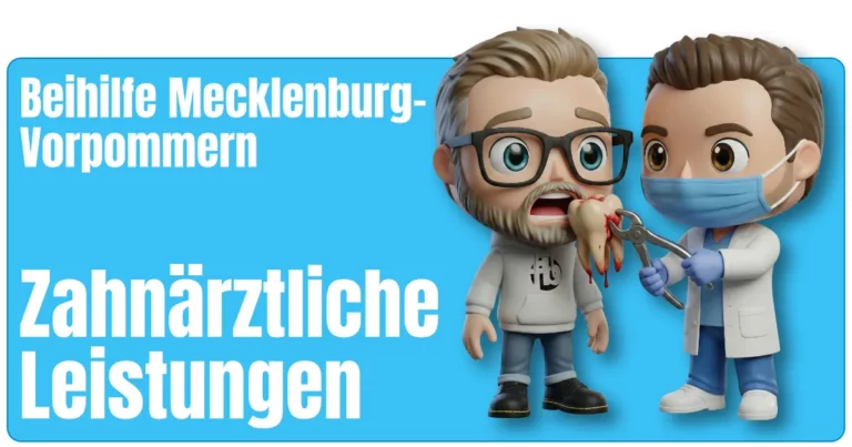Das Maskottchen von Sven im Hoodie und Jeans, steht dem Maskottchen von Micha von fairbeamtet.de als Zahnarzt im weißen Kittel, Maske und blauen Handschuhen gegenüber, der mit einer Zange einen blutigen Zahn hält – humorvolle Illustration für zahnärztliche Leistungen der Beihilfe Mecklenburg-Vorpommern.