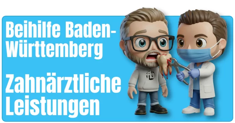 Das Maskottchen von Sven im Hoodie und Jeans, steht dem Maskottchen von Micha von fairbeamtet.de als Zahnarzt im weißen Kittel, Maske und blauen Handschuhen gegenüber, der mit einer Zange einen blutigen Zahn hält – humorvolle Illustration für zahnärztliche Leistungen der Beihilfe Baden-Württemberg.