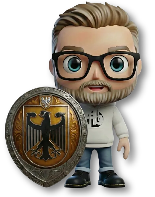 Maskottchen von fairbeamtet.de im Hoodie und Jeans steht neben einem runden Wappenschild mit Bundesadler – Symbolbild für die Beihilfe des Bundes beziehungsweise die Bundesbeihilfe als Absicherung für Beamte und Beamtinnen.