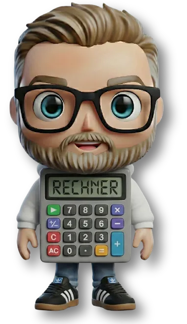 Eine freigestellte 3D-Maskottchenfigur von fairbeamtet.de mit Brille und Bart, die als Taschenrechner verkleidet ist. Auf dem Display steht „RECHNER“, darunter sind Tasten wie bei einem Calculator zu sehen. Symbolbild für BMI-Rechner, Beitrgasrechner und Vergleichsrechner.