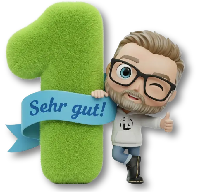 Grüne, flauschige Zahl 1 mit hellblauem Banner und der Aufschrift ‚Sehr gut!‘, daneben eine lächelnde Comic-Figur mit Daumen-hoch-Geste im Hoodie – Symbolgrafik für das Testergebnis ‚Schulnote sehr gut (1)‘ der ambulanten Leistungen der Barmenia-Privatkrankenversicherungstarife für Beamte (GK30, GK20P, G1B, G2B20P, G2B30, GEP, KH+ /25 und PVB) im fairbeamtet.de-Test von Sven Höhne.