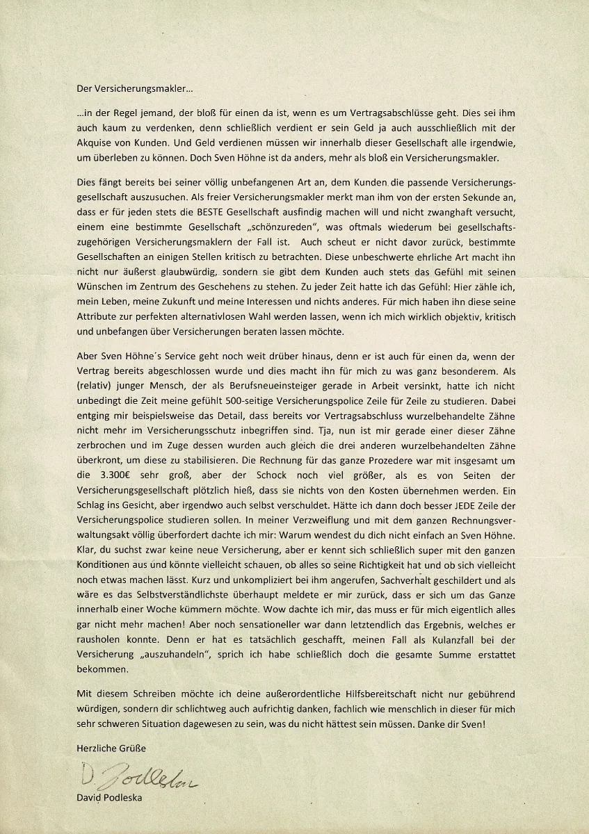 Persönliches Empfehlungsschreiben für Sven Höhne von einem Kunden.