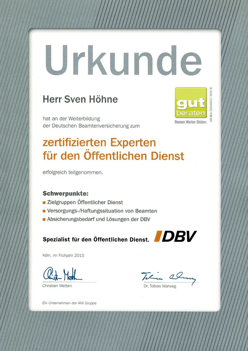 Urkunde - Sven Höhne zertifizierte Experte für den Öffentlichen Dienst